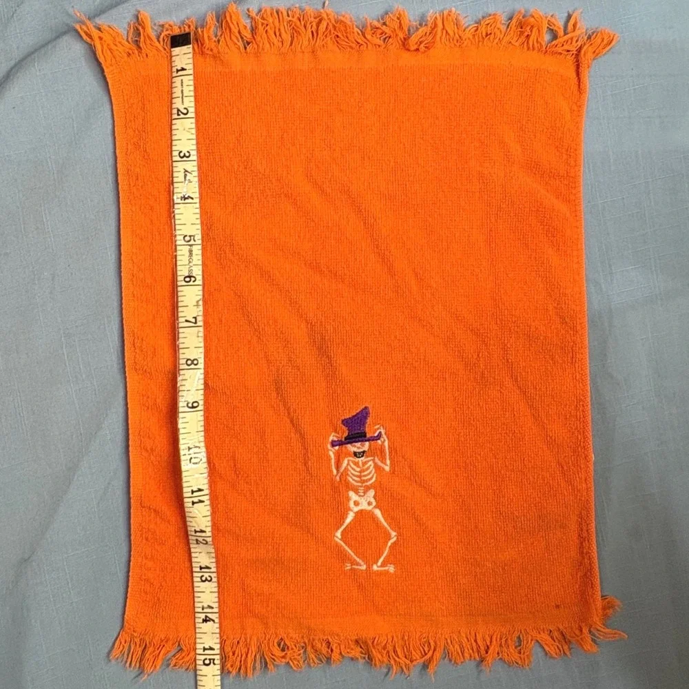 Orange Halloween Hand Towel Embroidered Dancing Skeleton Purple Top Hat Fringe
